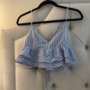 Blue and white striped ruffle tank
